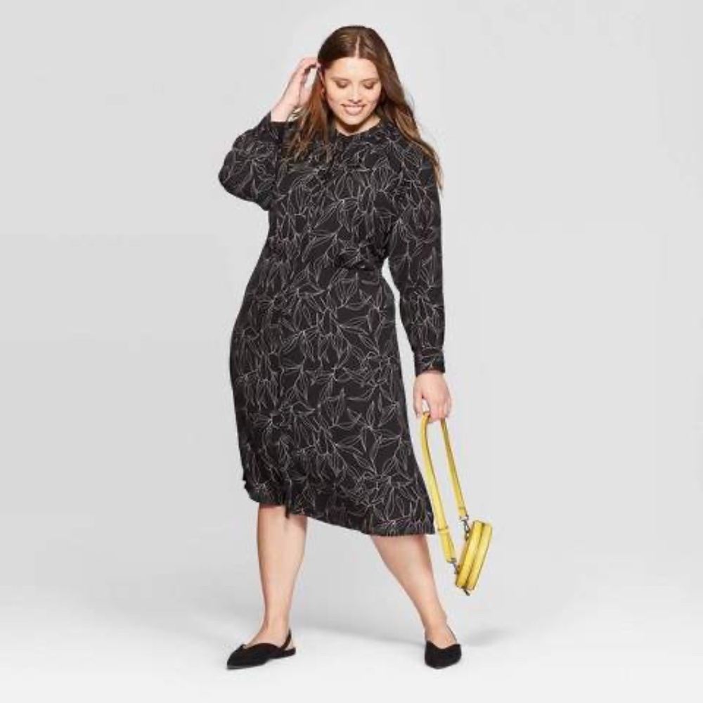 A New Day Long Sleeve Black Print Midi Boho Style Dress size L